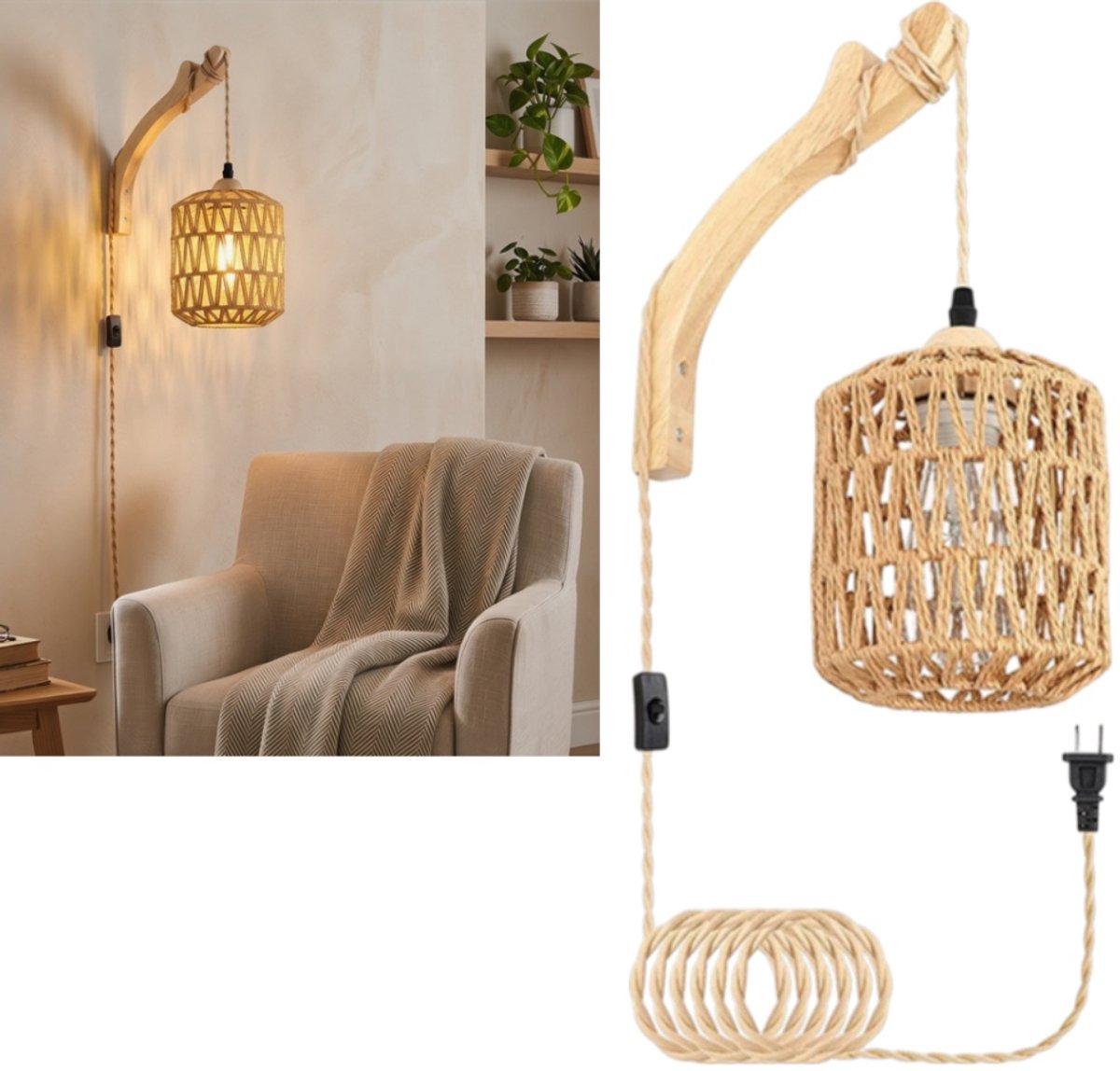 1 set - Rotan wandlamp (lichtbron niet inbegrepen) - Handgeweven - Decoratieve wandlamp - Sfeerverlichting voor de slaapkamer - 16*16*20 cm - Geschikt voor woonkamer- en slaapkamerverlichting - Natuurlijke houtkleur