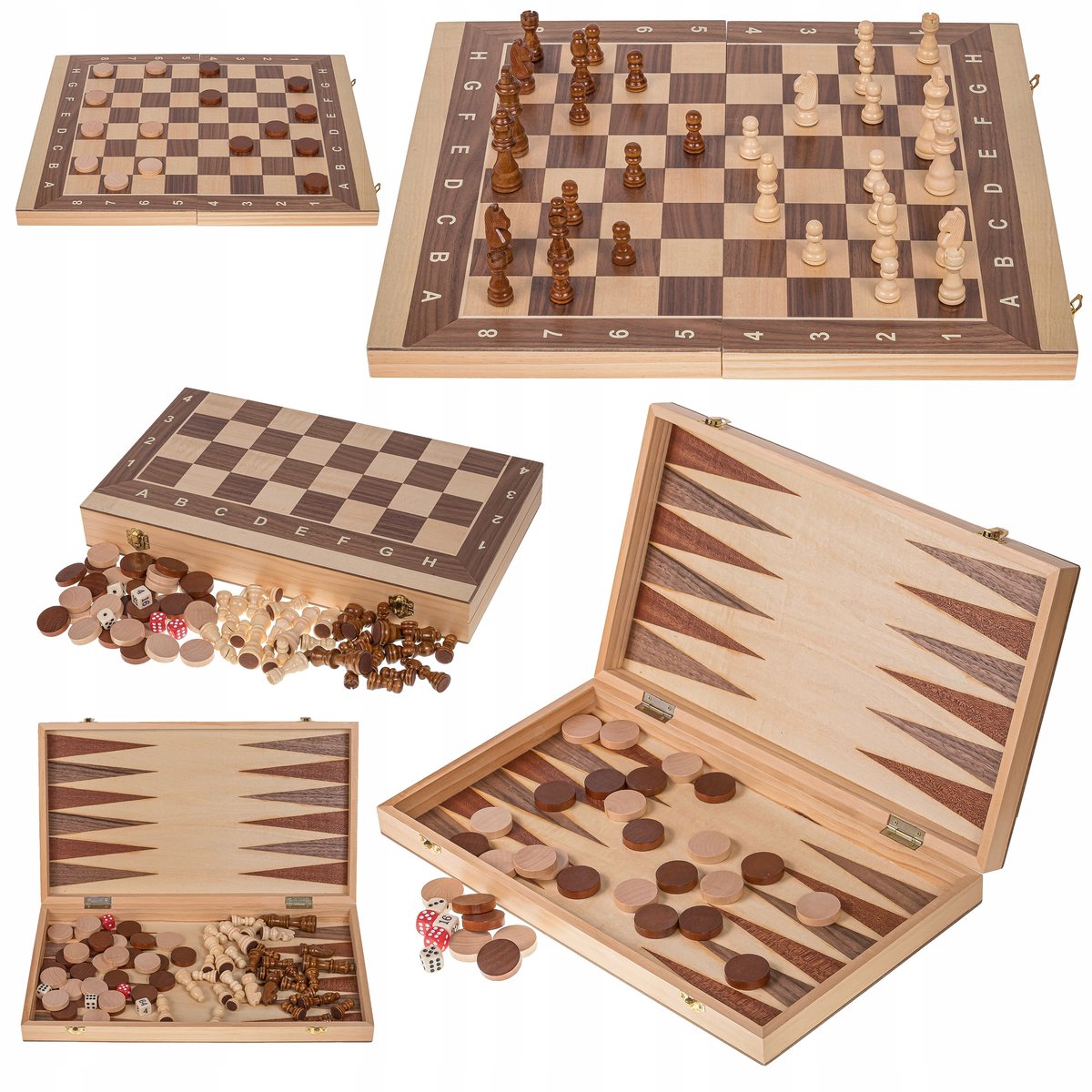 3-in-1 Houten Spel: Schaken, Backgammon & Dammen - 44x44cm
