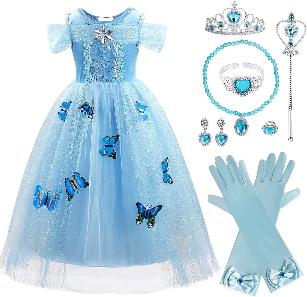 Prinsessenjurk Assepoester voor meisjes, vlinderfeestkostuum, prinsessenjurk van tule, kostuum met accessoires voor bruiloft, cosplay, eindejaarsbal