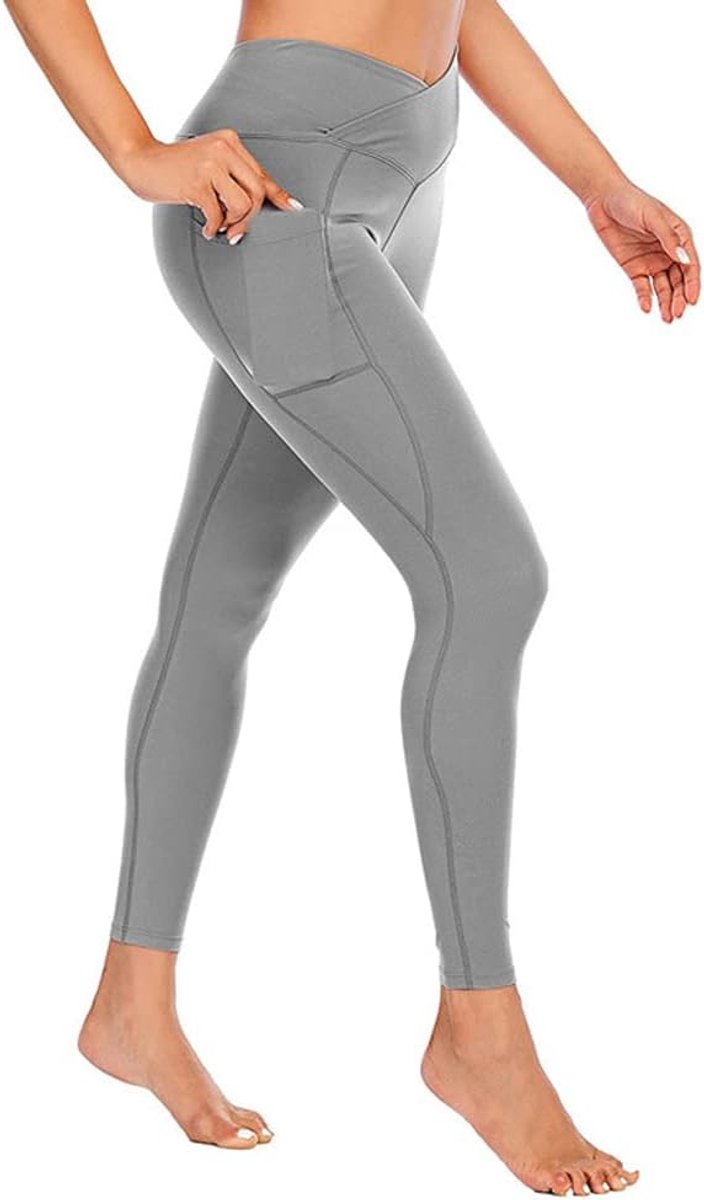 Broek met zakken, V Cross Hoge Taille Gym Atletische Yoga Leggings Buikcontrole Crossover Sport Leggings voor Vrouwen Broek, Grijs, M