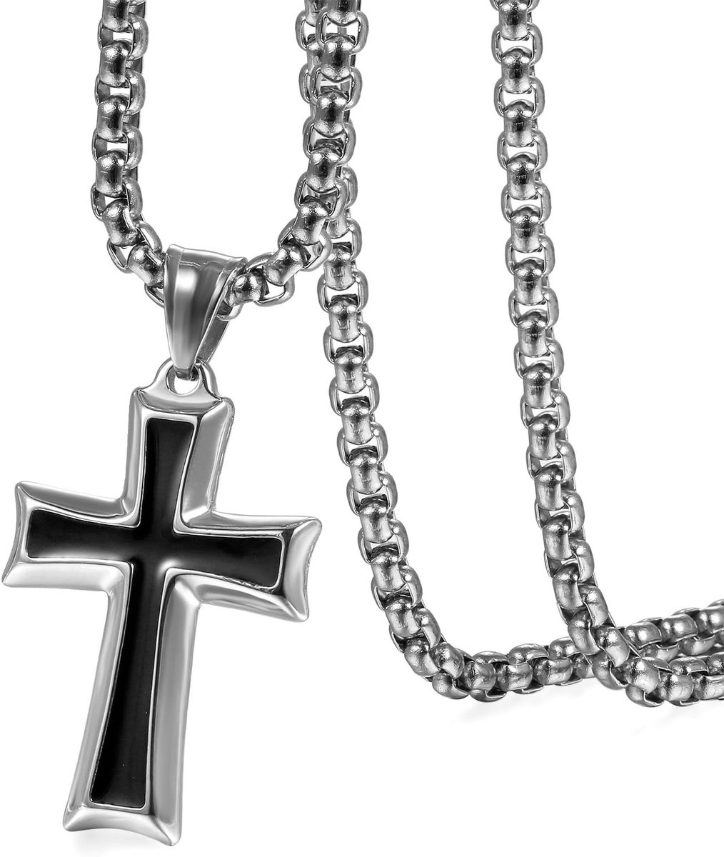 Roestvrij staal Bijbel Gebedskruis Hanger met Ketting voor Mannen, Roestvrij staal