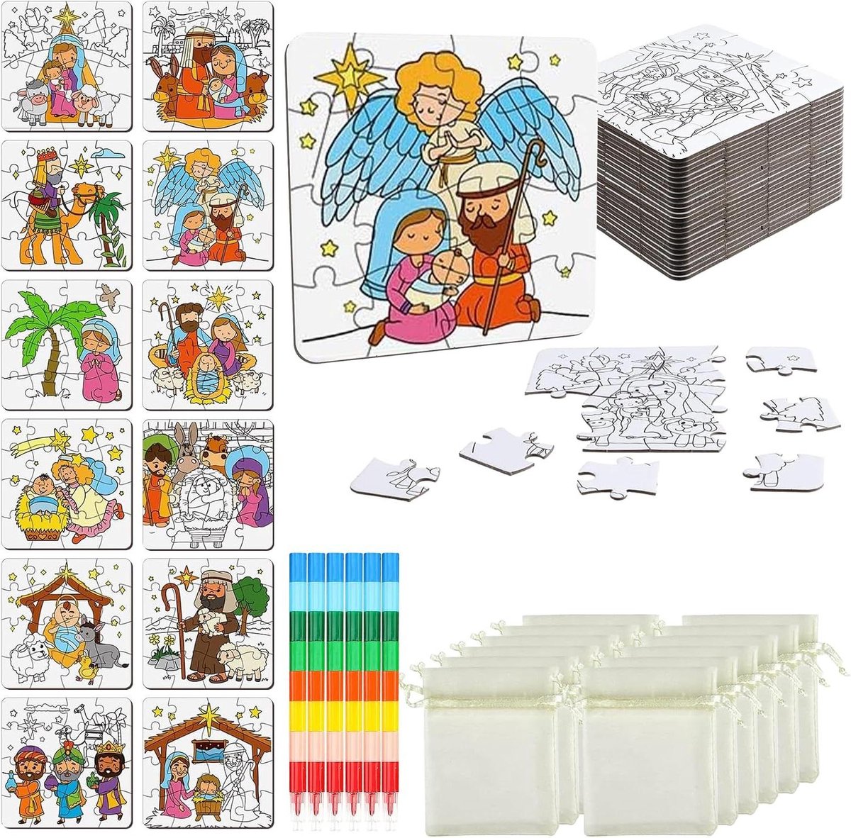 Kinderpuzzels Set - Mini Puzzels - Creatief Bezig Zijn - Zelf Te Beschilderen - 24 Delen - Jezus Thema