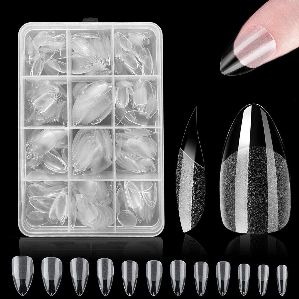 Nageltips voor gelverlengingen, 360 stks Clear Nail Tips Kit voor afwezigheid van nagelverlenging, pre-buff PMMA Soft Gel Nail-tips, 12 maten ((korte amandel))