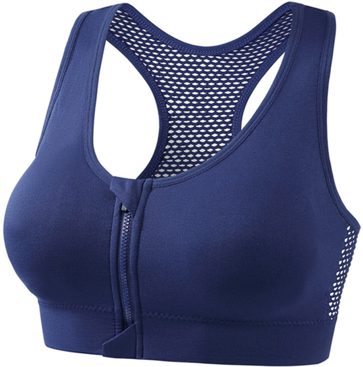 1 Stuks Sportbeha met voorsluiting - Sport BH Dames met Ritssluiting aan de Voorzijde - Sport BH met Rits - High Impact Sportbeha met Rits - Fitness BH - Beha zonder beugel - Push-up & Ademend - Ondergoed dames - Bra - Donkerblauw, XXL