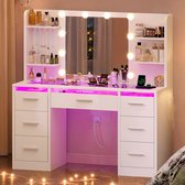 Grote kaptafel - Make up Tafel met Verlichting - Stopcontacten - RGB - Glazen blad-7 Lades-4 Planken - Moderne Kaptafel -Slaapkamer - Wit