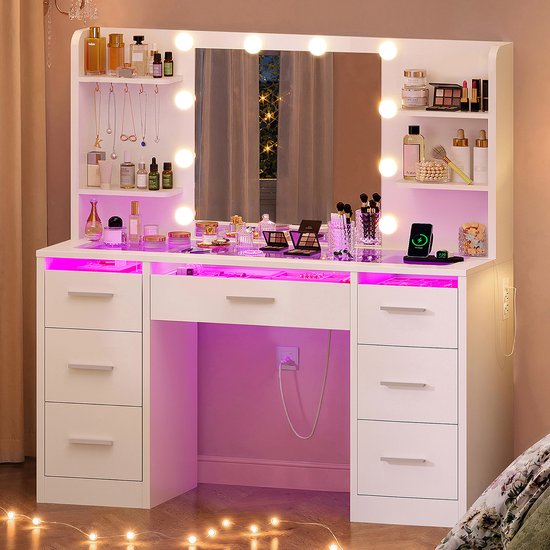 Witte kaptafel met verlichte spiegel, 7 laden en roze RGB-verlichting.