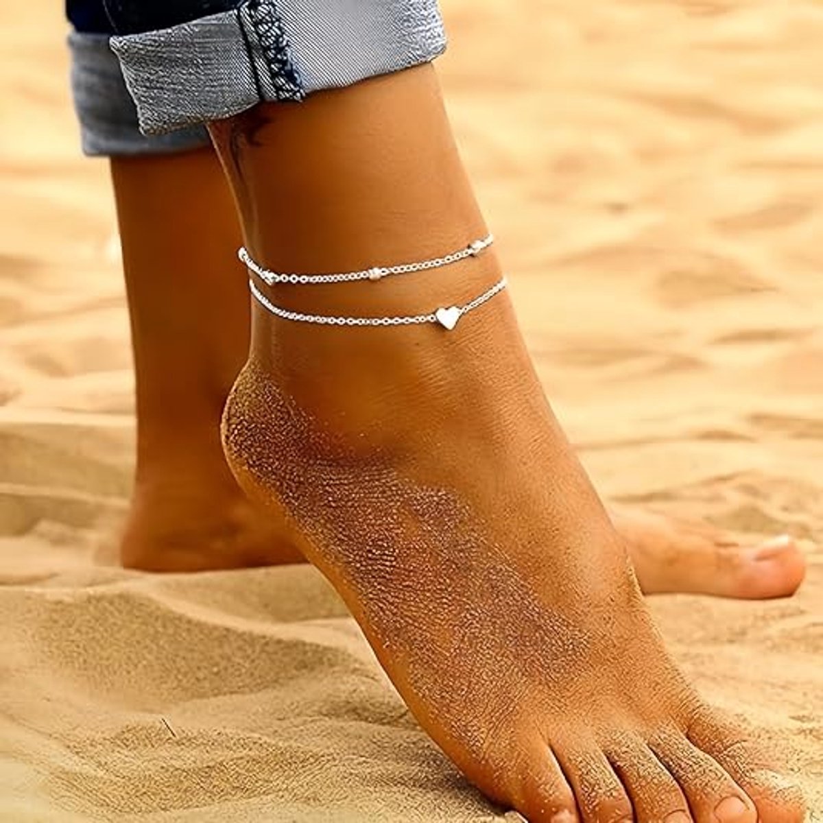Enkelbandjes voor dames - zilveren hartarmbandjes - trendy boho-enkelbandjes - verstelbaar - sierlijk - schattig - met kralen versierd hart - verkleurt niet - zomerse strandsieraden