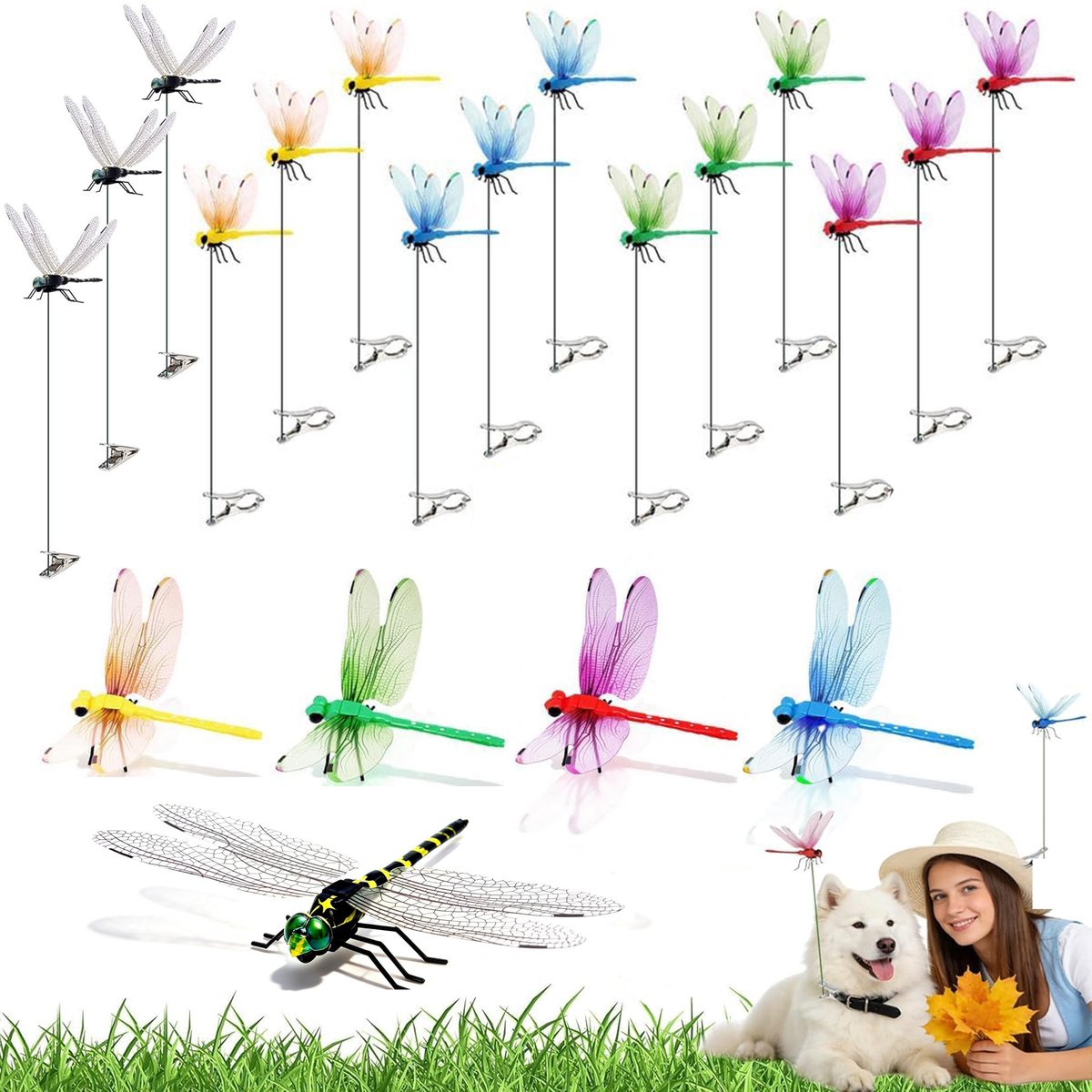 Namajunas - 15 Stuks 5 Kleuren 3D Libelle Clip - Tuindecoratie - Nep‑libellen Decoratie - Insecten - Anti-vliegen Hoedclip - Haaraccessoires - Bloemen Decoratie - Tuinsteker - Terras Decoratie - Tuindecoratie voor buiten - Met Metalen Clips