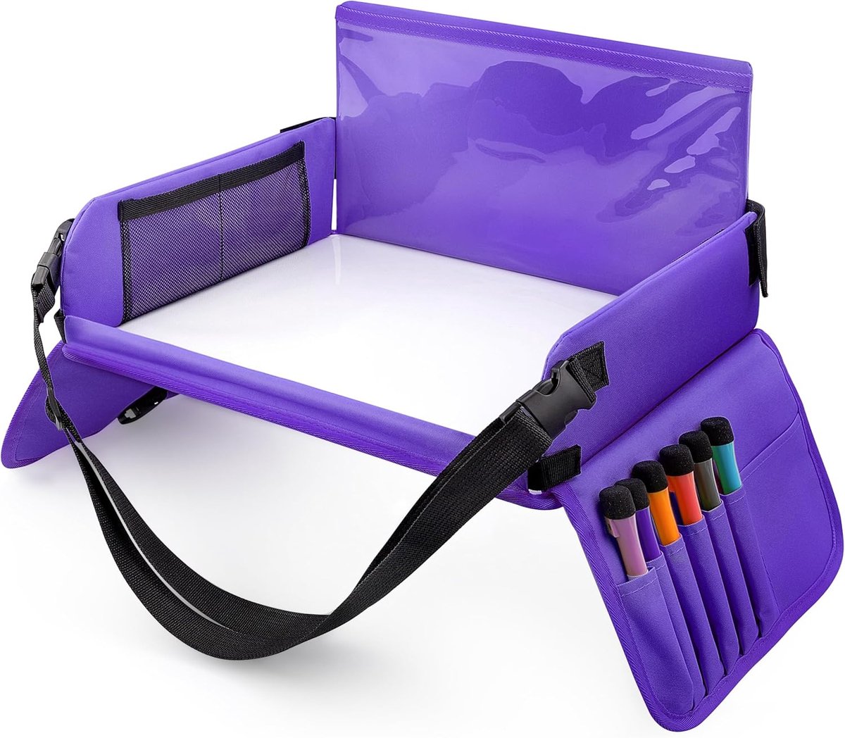 snack & speel reislade met uitwisbare tekentafel en 6 kleurpotloden voor spel en eettafel, speeltafel, autostoeltafel voor buggy's, kinderwagens, auto's, vliegtuigen, trein, paars