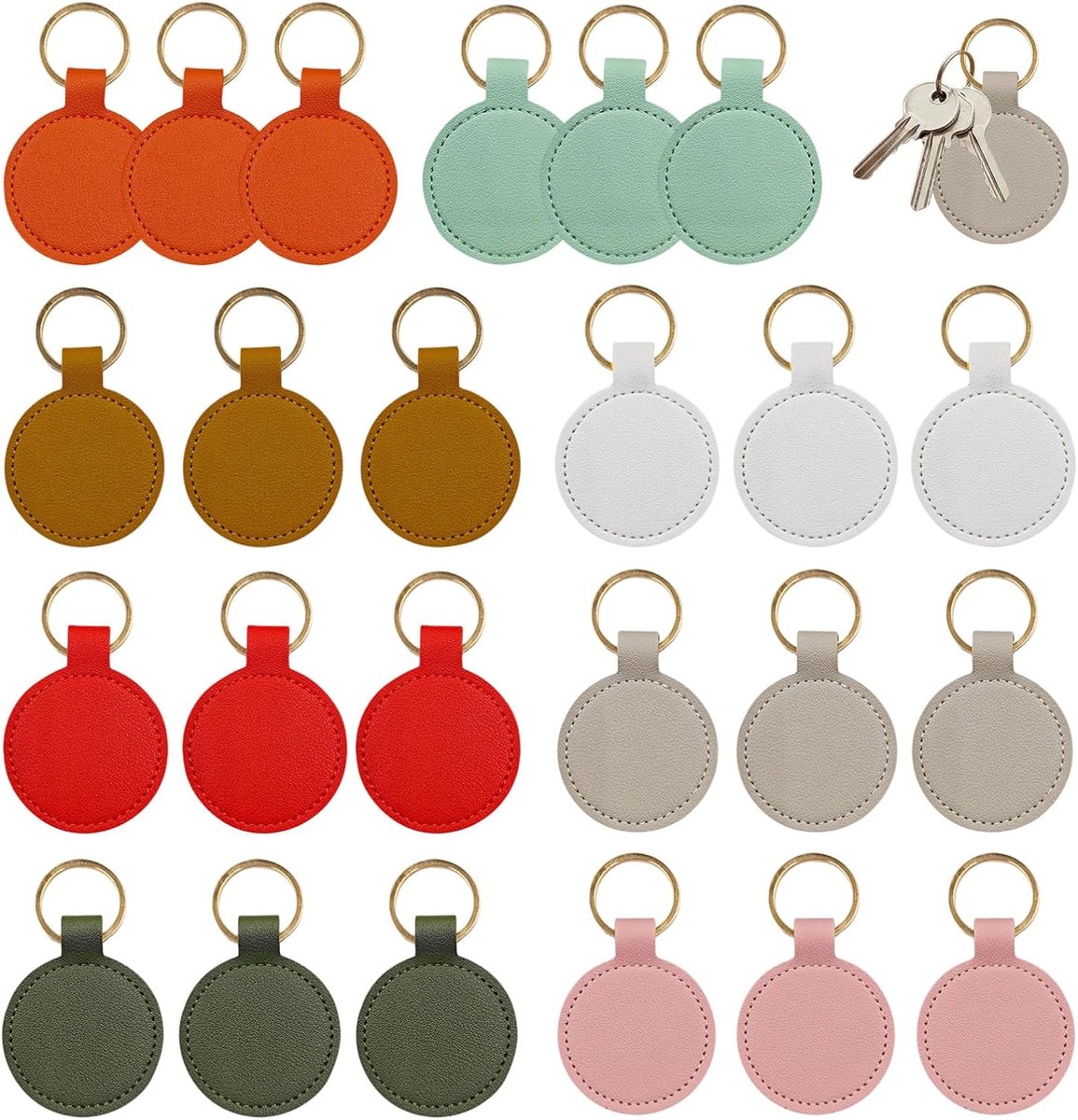 Sleutelhanger van kunstleer, personaliseerbaar, 8 kleuren, lasergravure, rond, 85 mm, cadeau voor Kerstmis en verjaardag, 24 stuks