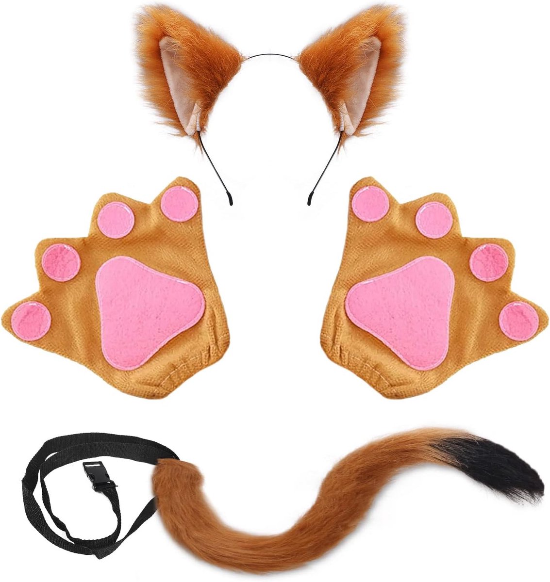 4 stuks cosplay-set van nepbont, vos, kattenoren, vossenoren, vos, staart voor verkleedpartijen, schattig kostuum, feest