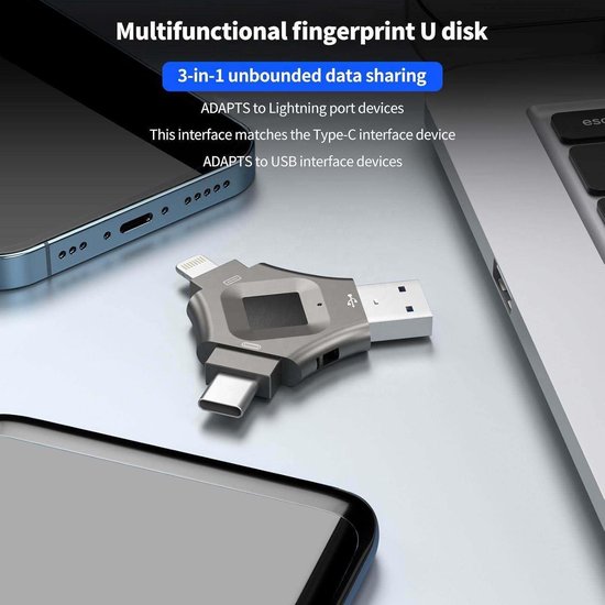Vingerafdruk U-schijf - Data opslag - Veilige bestanden - 3-in-1 connectiviteit - 512 GB - Zwart — afbeelding 2