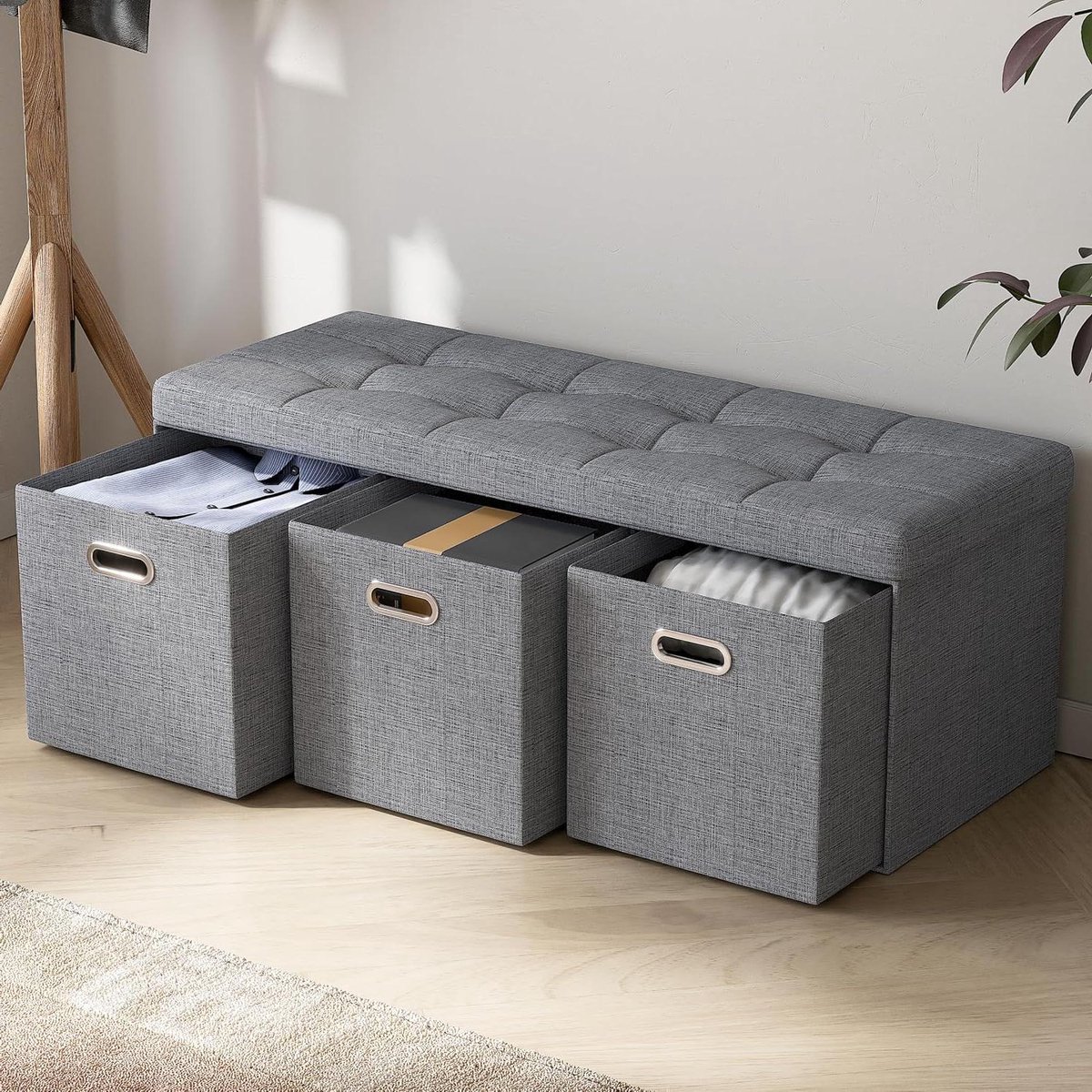 Opbergkruk Linnen - Voetenbank Poef - Woonkamer Organiseren - Met 3 Lades - 101.6 cm - Grijs
