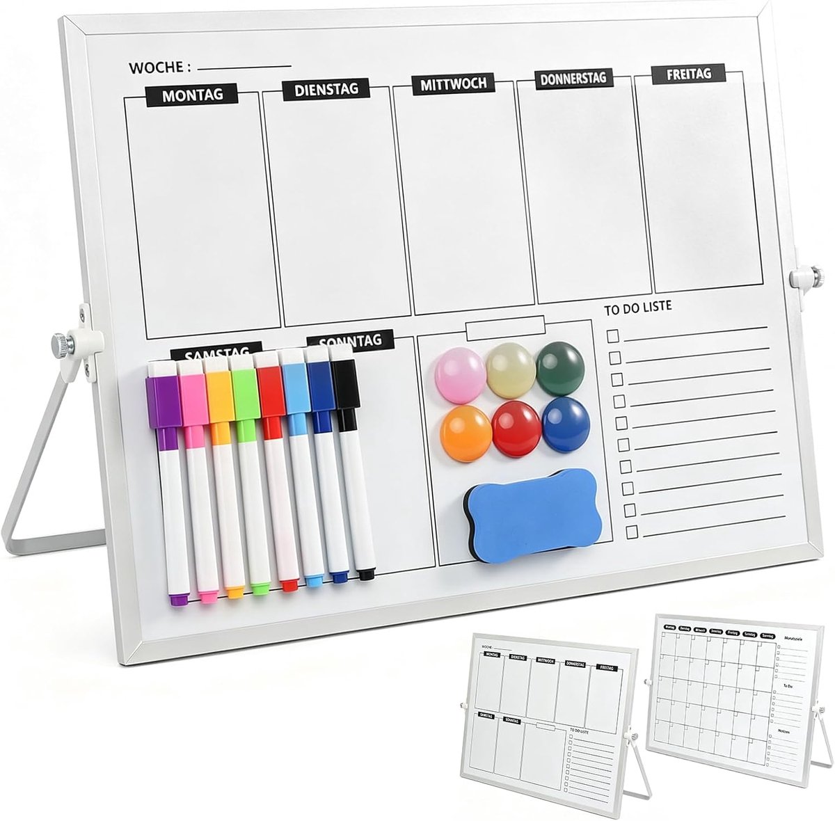 whiteboard met standaard, weekplanner, maandplanner, whiteboard, magnetisch, 40 x 30 cm, weekplanner, afwasbaar, incl. 8 markers, 6 magneten, 1 spons (grijs)