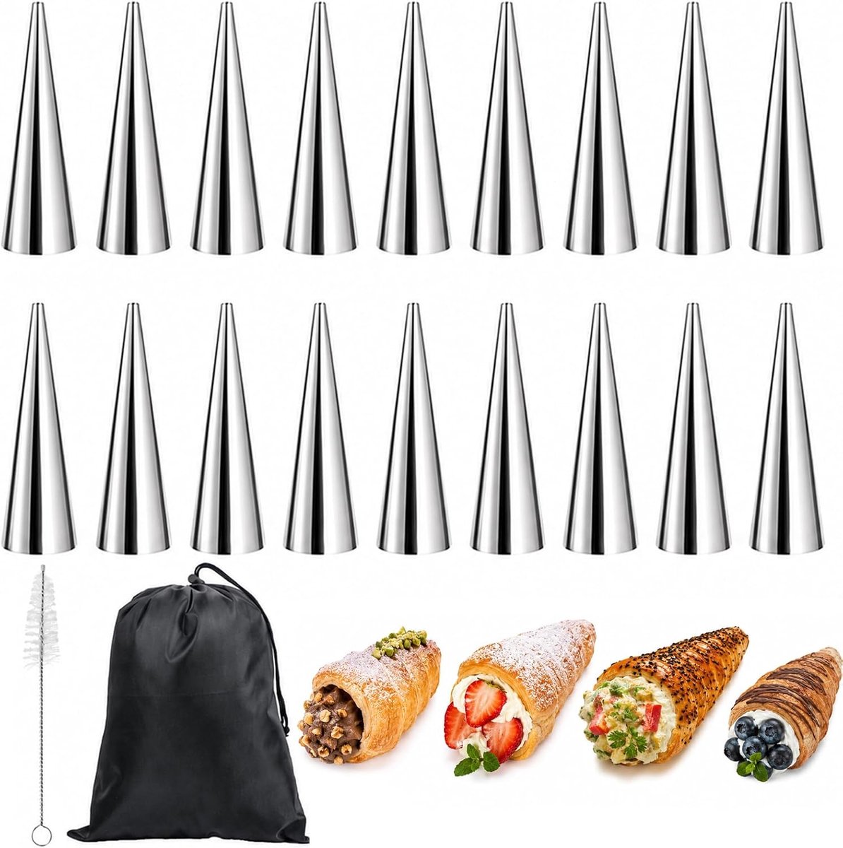 Bakvorm, 20 stuks schuimrolvormen, kleine cannoli-vormen met opbergtas, roestvrij staal, schillerkrulvormen, met reinigingsborstel, croissant, bakvorm, voor croissant, bakvormen