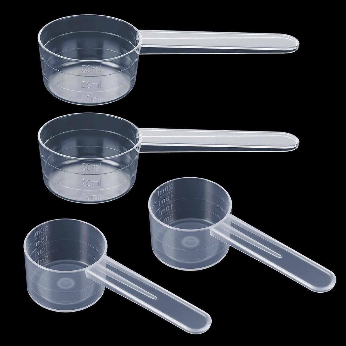 4 stuks maatlepels, doseerlepel transparant met schaal 20 ml en 30 ml weegschaal, maatlepel gram maatlepels, doseerlepel scoop lepel voor bakken, koken, koffie, eiwitpoeder, waspoeder, creatine
