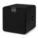 Zijkant van een zwarte Audizio SW80D subwoofer met ronde poort en grijze Audizio logo-clip.