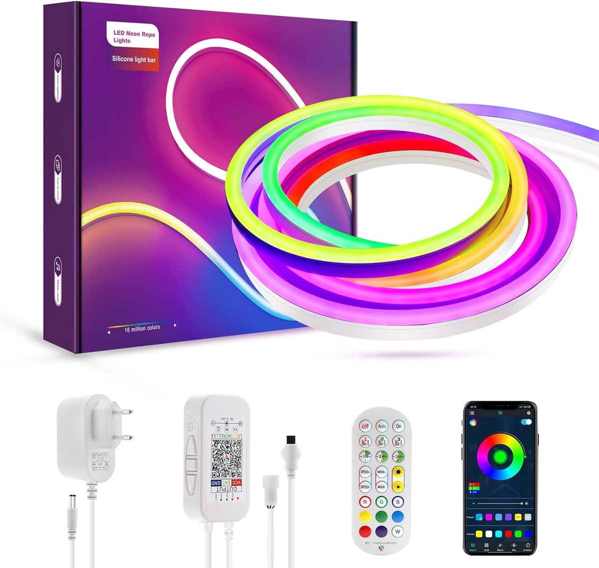 6,5 ft/2 m bluetooth led neon touw lichten met afstandsbediening app-bediening, IP65 waterdichte flexibele neon ledstrip, RGBIC led-neonverlichting voor slaapkamer, ruimte buitenshuis, decoratie