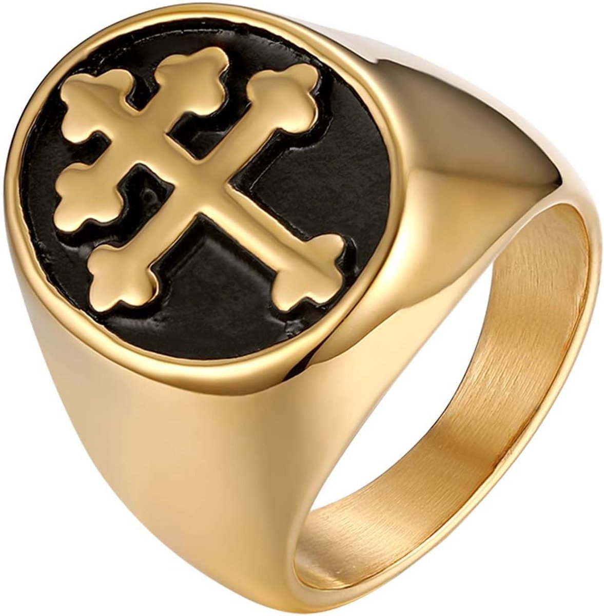 Herenring, roestvrij staal, kleur goud, kruis