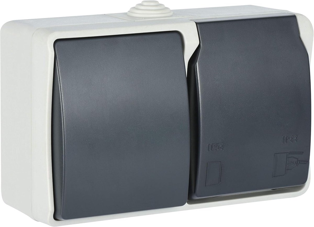 605909 1-voudig Schuko stopcontact en schakelaar, combinatie met deksel, geschikt voor buiten en vochtige ruimtes, IP44 beschermd, Aquatop, grijs/antraciet