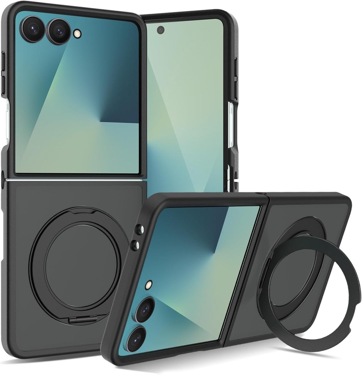 Hoesje Geschikt voor Samsung Galaxy Z Flip8 - Zwart - Matte Armor Magnetische Back Cover met Uitklapbare Ringstand - Telefoonhoesje Geschikt voor MagSafe met Ring Kickstand