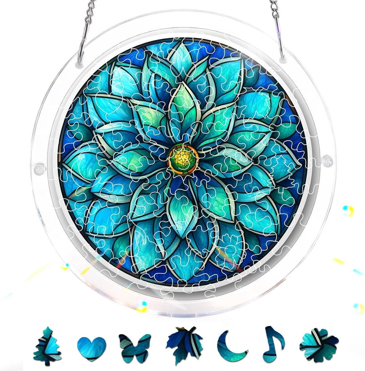83-Delige Acryl Puzzel-Zonnvanger –Blauwe Bloem Raamhanger in Glas-in-Loodstijl, Creatief Moederdagcadeau, Zonnvanger-Decoratie Voor Tuin & Huis, Verjaardagscadeau, 18x18 cm A230
