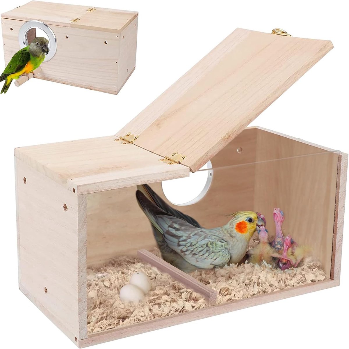 Vogelhuis van natuurlijk hout voor kleine vogels, transparante kweekbox met standaard voor lovebirds, vinken en meer, 25 x 13 x 13 cm