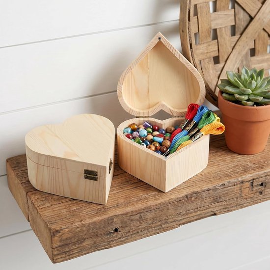 Kist met deksel, klein, 2 stuks houten doos in hartvorm, 13 x 13 x 7 cm, retro herinneringsdoos voor sieraden, armbanden, halskettingen, cadeau, kleinigheden — afbeelding 3