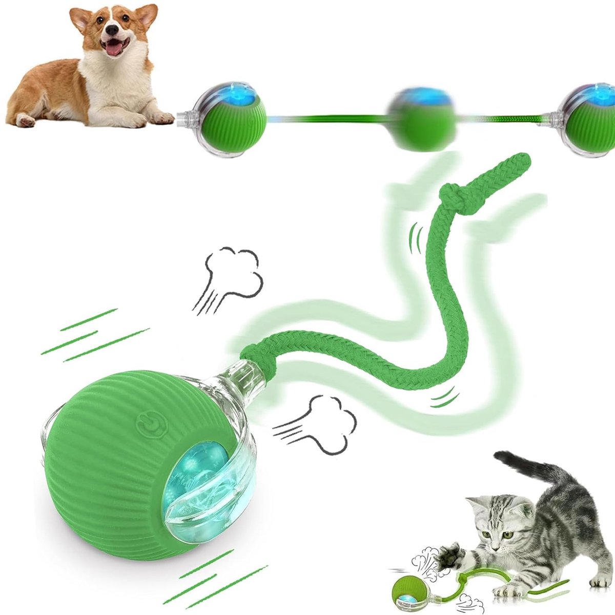 Balspeelgoed voor katten en honden, 360° rolbal met staart, via USB oplaadbare, zelfbeweegbare hondenbal, actief spelen en jagen (groen)