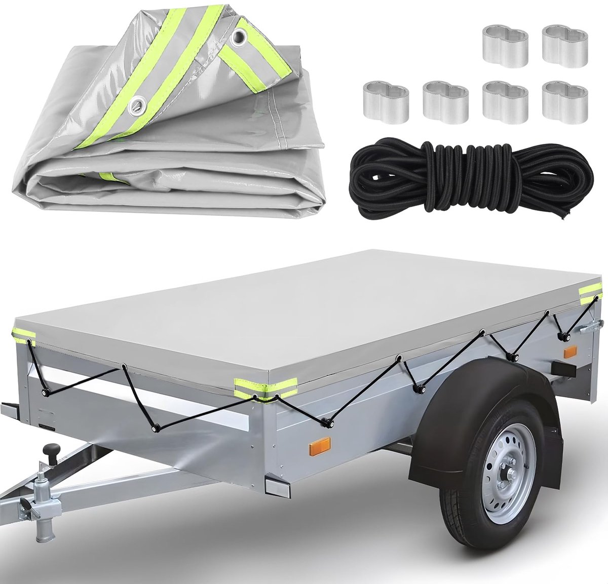 Autoaanhanger Deksel 207,5 x 114 x 10 cm met 8 m Tarp Touw Versterkte Rand en PVC Materiaal Aanhanger Deksel 750 kg voor Autoaanhanger Modellen