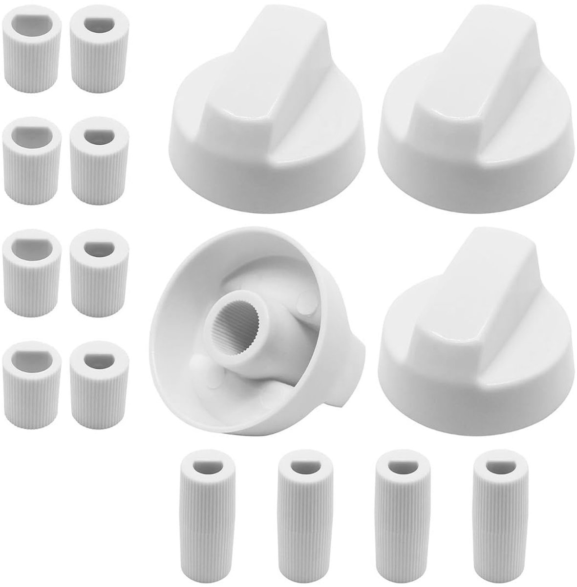 Set van 4 kookplaatknoppen, universele bedieningsknop, gasknop, diameter 42 mm, knoppen en schakelaars voor gasfornuis en gasoven, met 12 adapters, wit