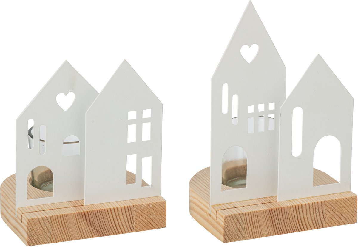 J-Line Windlicht huis - ijzer - wit - medium - assortiment van 2