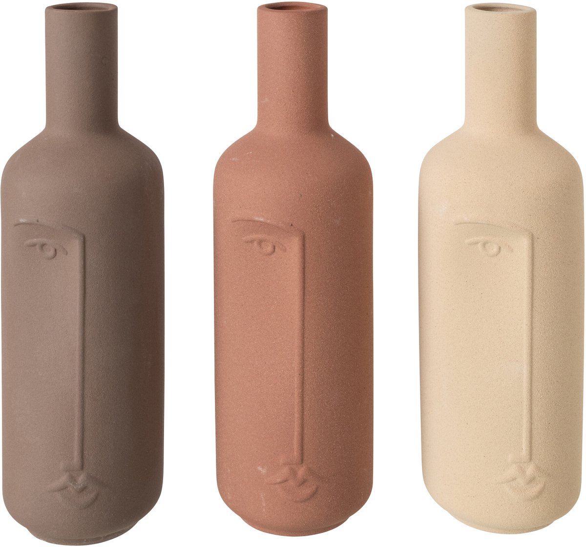 J-Line vaas Fles + Gezicht - porselein - ecru/bruin - 3 stuks
