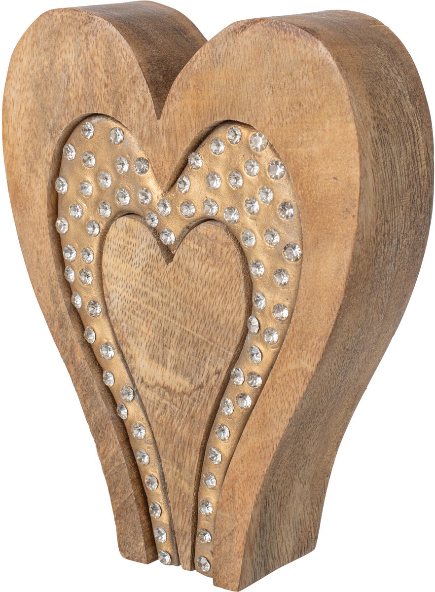 J-Line Hart met strass - mangohout - naturel/goud - small - set van 2