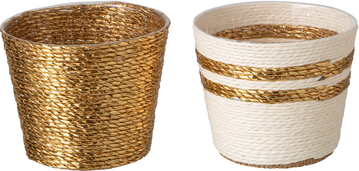 J-Line Gestreepte bloempot - papier - wit/goud - extra small - assortiment van 2