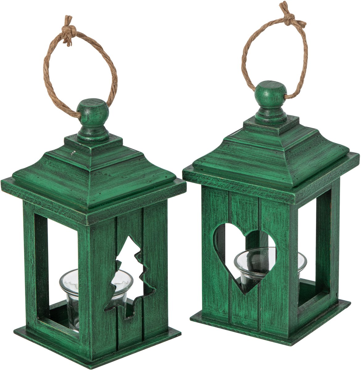 J-Line Lantaarn - dennenhout - groen - assortiment van 2