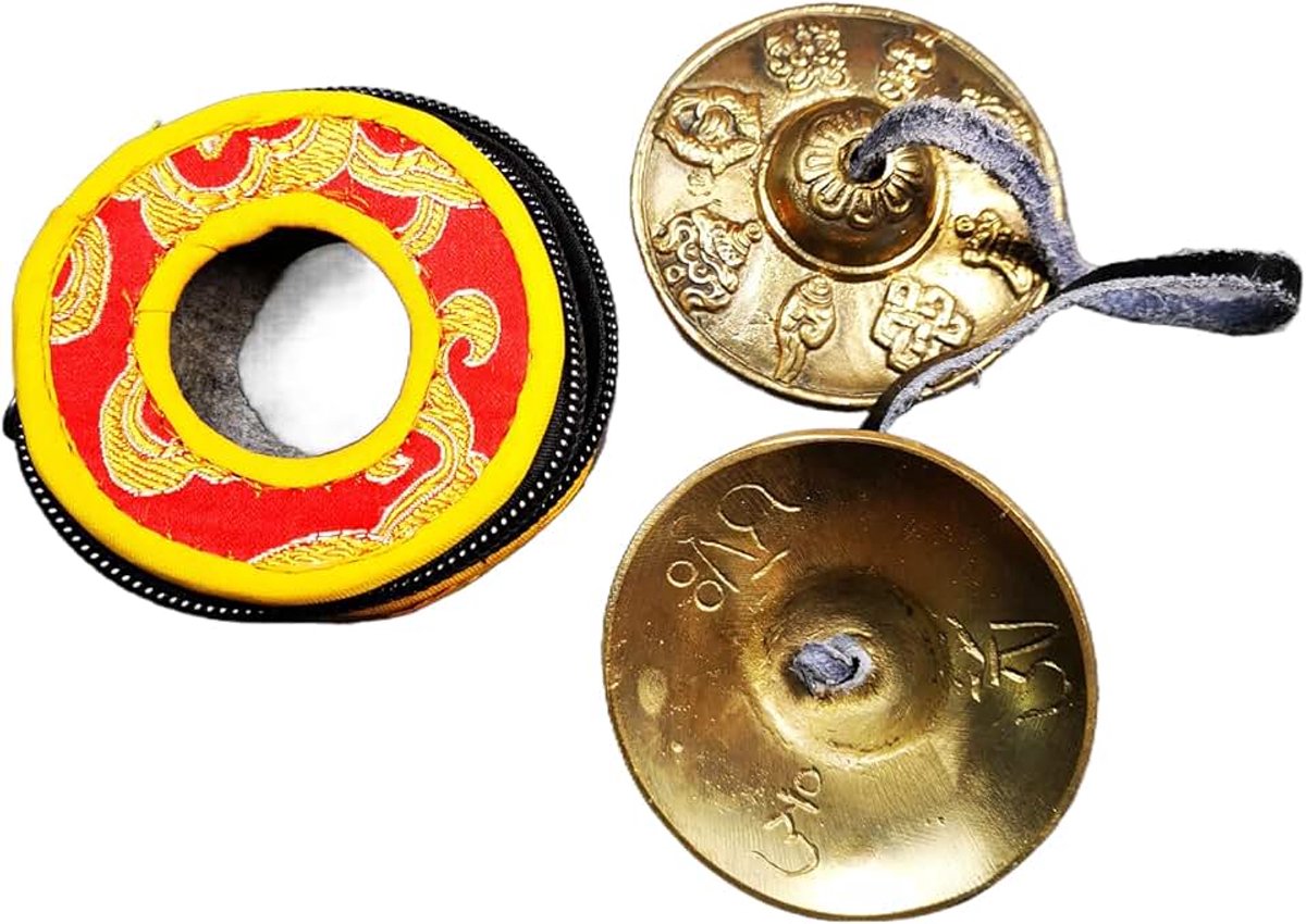 Tingsha Bel Set - Tibetaanse Cymbals - voor Geluidsgenezing, Yoga, Meditatie en Mindfulness, Handgemaakt in Nepal, Gemaakt van Messing, Astamangal Patroon, 6,5 cm / 2,6 inch