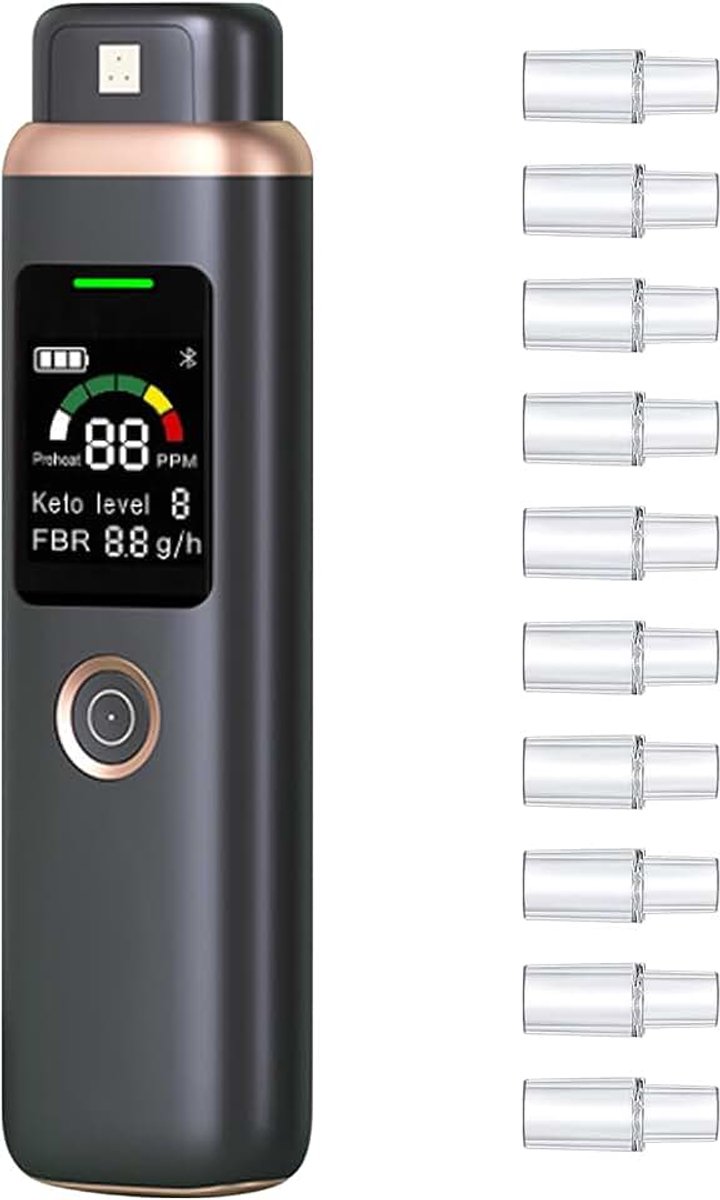 Keton Ademmeter Professioneel, Hoge Nauwkeurigheid Adem Keton Analyzer Draagbaar, Ketosis Tester met 10 Herbruikbare Mondstukken voor Keto Dieet & Fitness Tracking