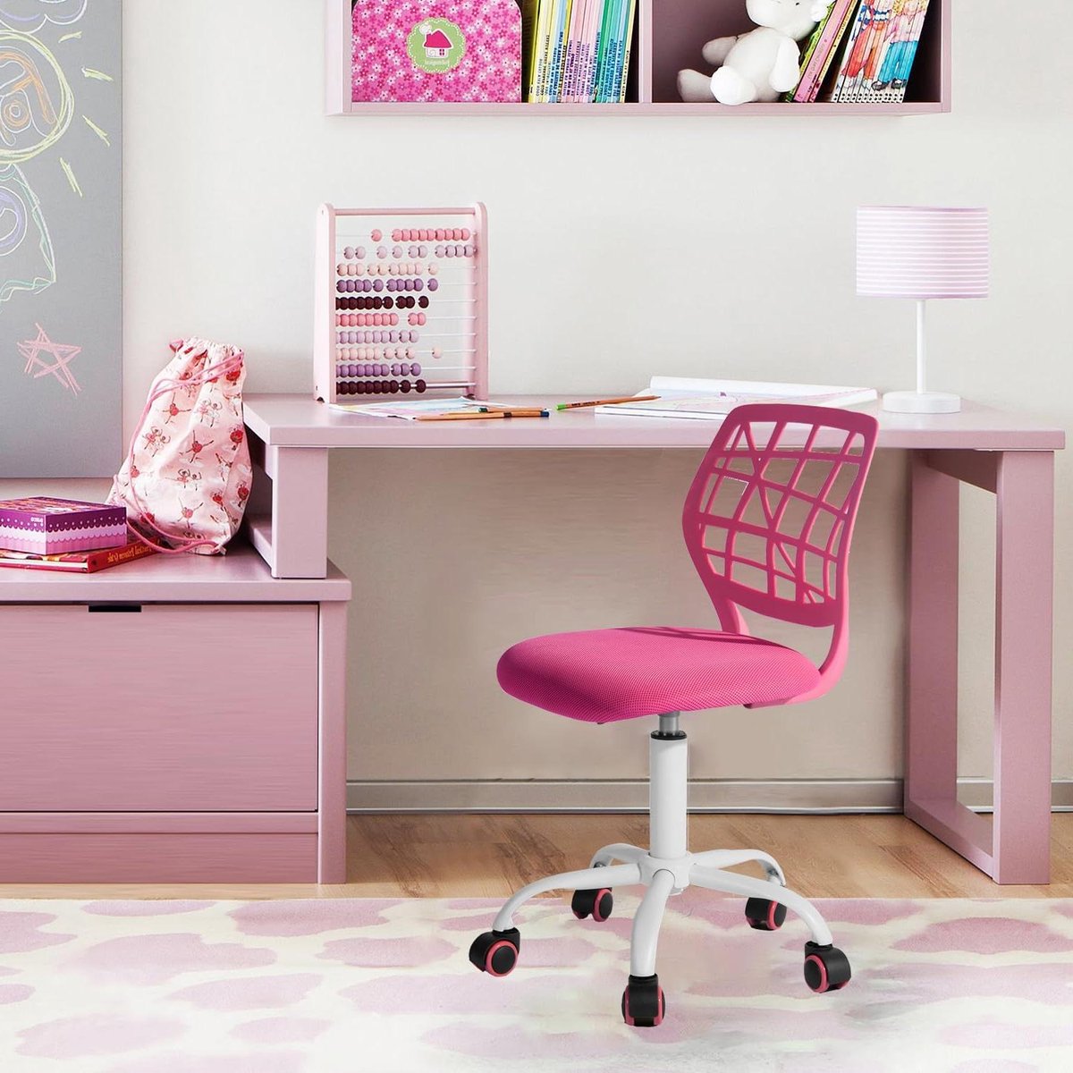 Bureaustoel - Draaistoel Werkstoel - Thuiswerken - Verstelbare Zithoogte - 38x39x75-85 cm - Roze