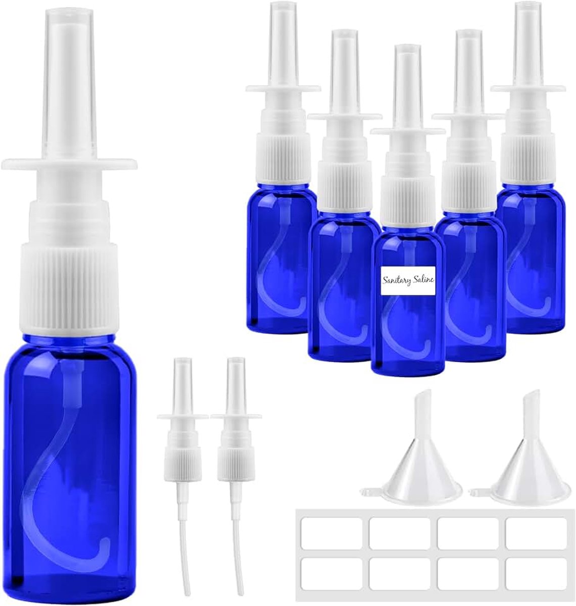 6 Stuks 30ml Neusspray Fles, Blauw Glas Lege Neusnevel, Herbruikbare Neusnevelflessen Kleine Flessen met 8 Blanco Etiketten voor Parfum, Etherische Oliën, Zoutoplossing