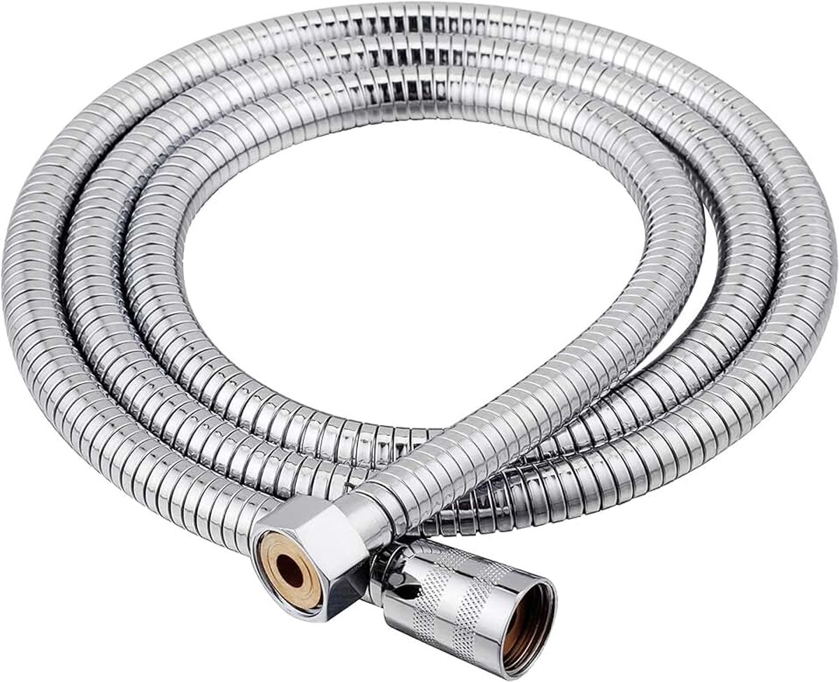 Fontastock Doucheslang van roestvrij staal, 1,70 tot 2 m, met messing afdichtingen, 1,27 cm (1/2 inch) binnendraad en conische en zeshoekige klemmoeren, chroom (oud model)