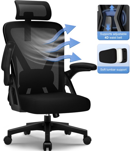 Zwarte bureaustoel met airflow-animatie en icoontjes voor 'Supports adjustable 4D waist belt' en 'Soft lumbar support'.