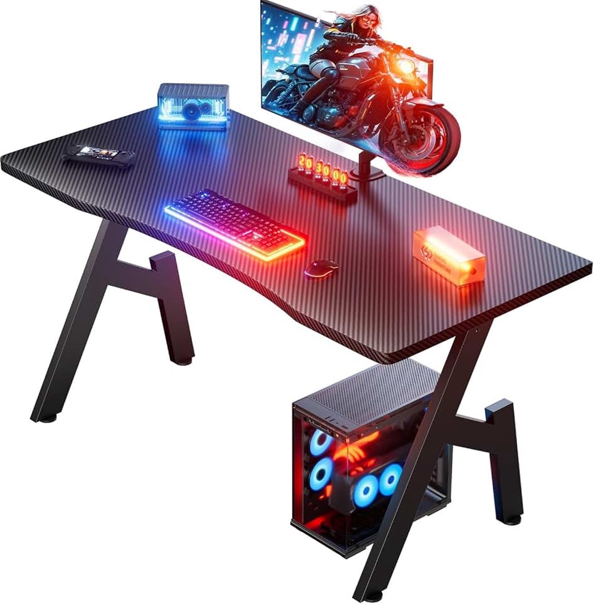 Gaming Bureau met een Tafelblad 80 x 50 cm, Koolstofvezel, Zwart | Gamingbureau Ergonomische, Krasbestendig voor Gaming, Thuiskantoor
