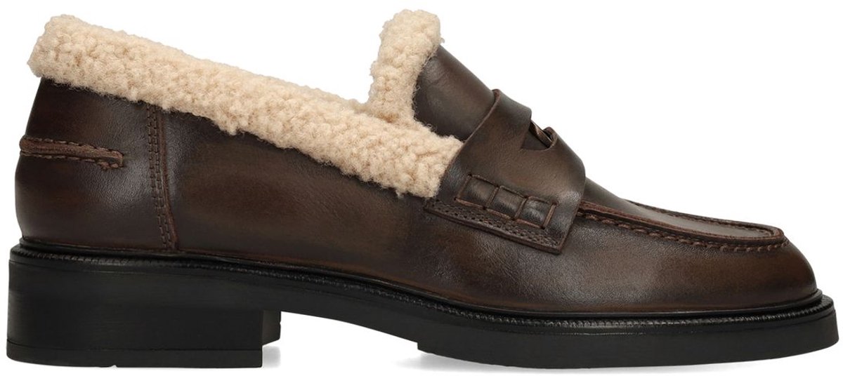 Manfield - Dames - Bruine leren teddy loafers - Maat 36