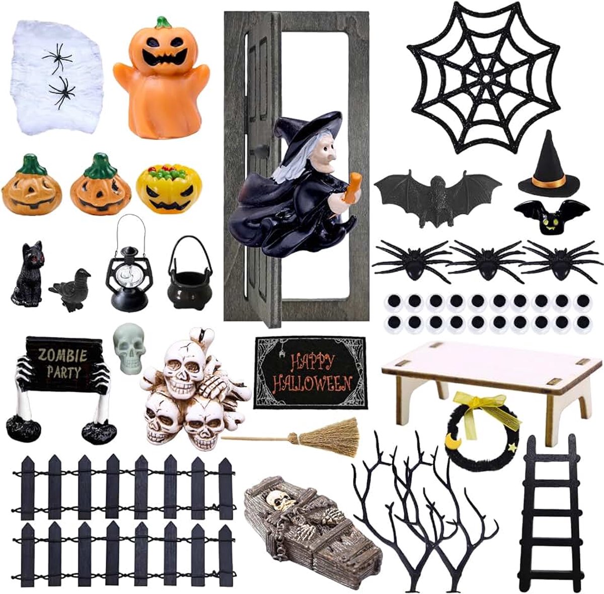 55 miniatuur poppenhuis accessoires Halloween poppenhuis set poppenhuismeubilair veelzijdige kabouteraccessoires Halloween decoratie kabouterdeur set met pompoenen heksen skelet voor feestelijke