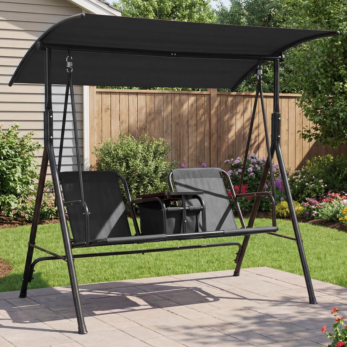 Schommelbank 2 Personen met Verstelbaar Zonnescherm - 173x108x163cm - Tuin Schommelbank - Hangbank Buiten - Bekerhouders - Stalen Frame - Voor Tuin Balkon Zwembad - Zwart
