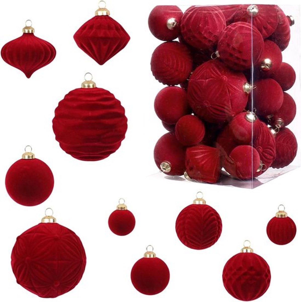 35-delige set fluwelen kerstballen voor kerstboom, feest en decoratie met 11 stijlen - onbreekbare, gevlokte ornamenten in wijnrood.