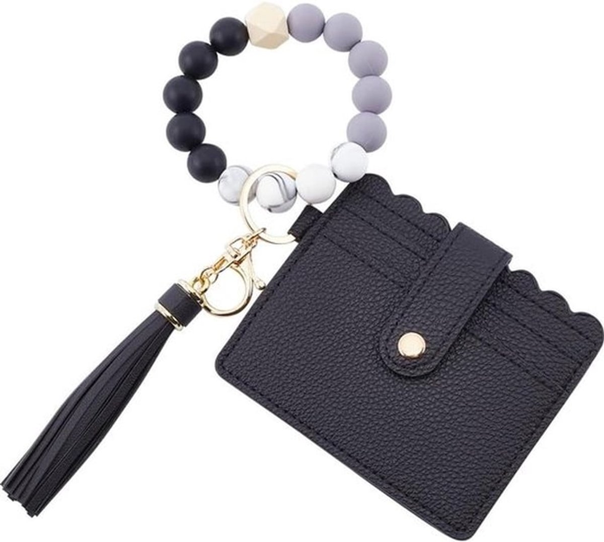 Sleutelhanger - Kunstleer - Rechthoekig - Creditcards - Zwart - Siliconen - Houten kralen - Kwastjes - Armband - Geschikt voor Vrouwen - Moeders - Vrienden - Cadeau