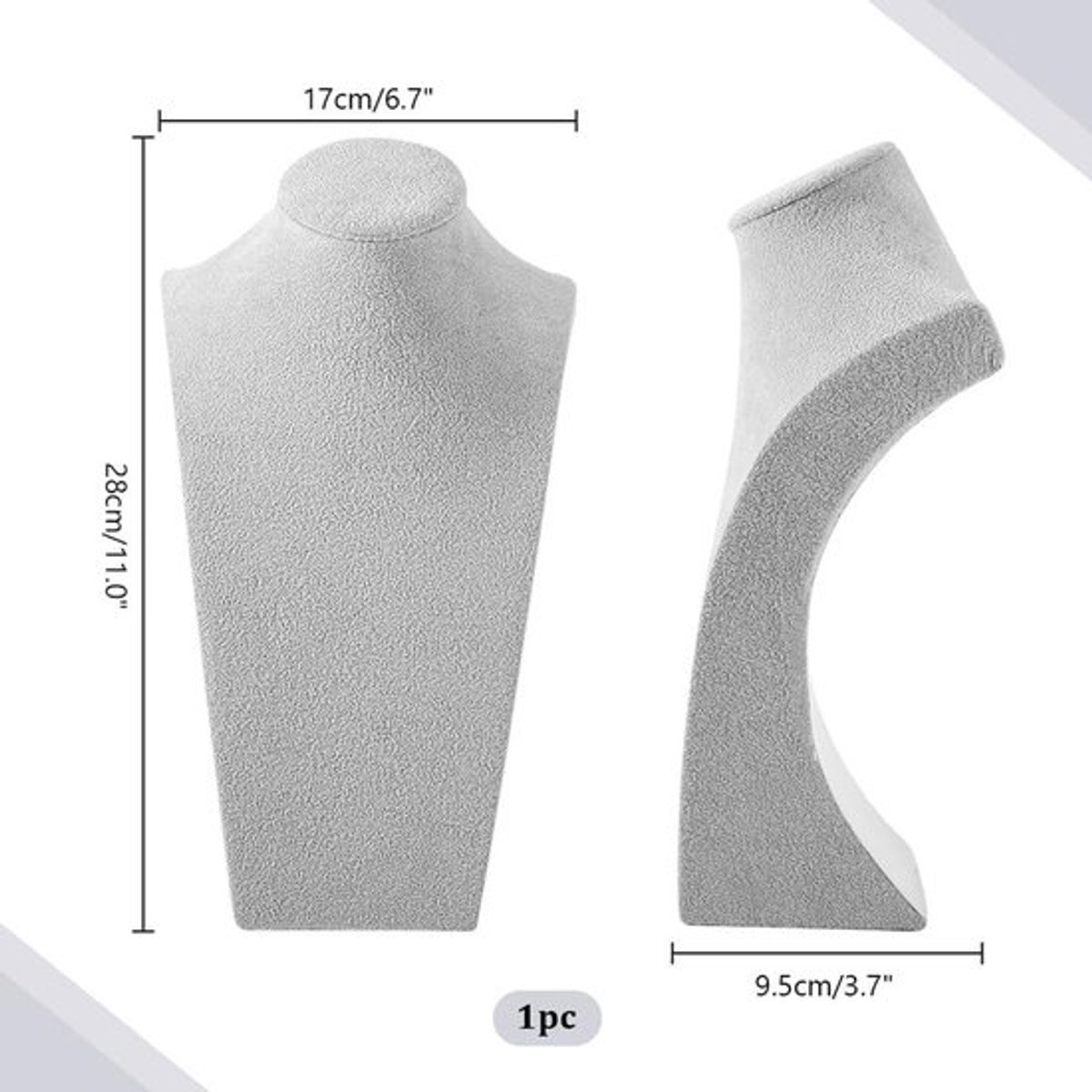 Ketting Display Houder Fluwelen 3D Model Buste Standaard voor Kettingen - Sieraden Mannequin Grijs - 28 cm Hoogte