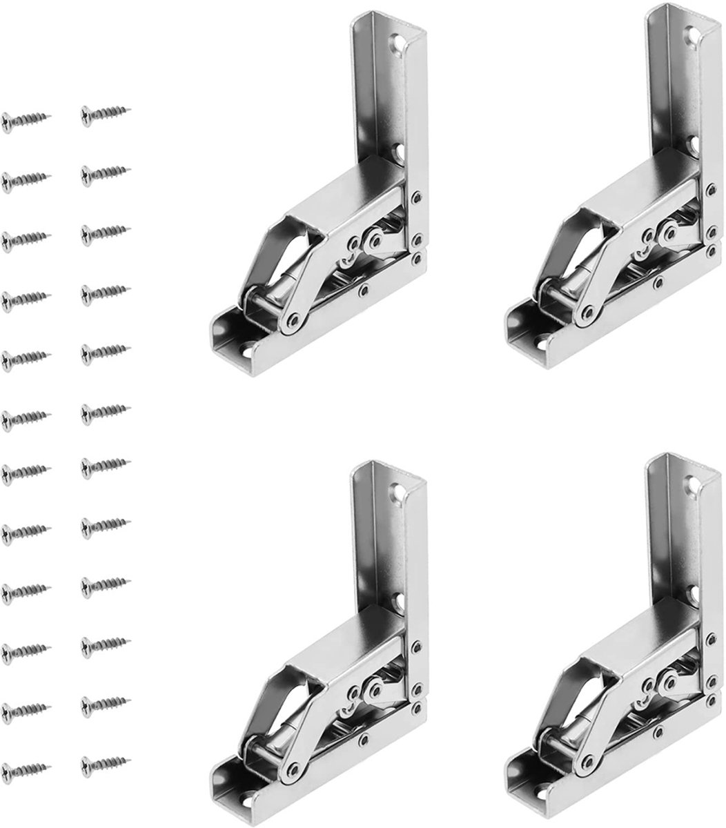 Scharnierbeugels - 4-pack - Geschikt voor planken en tafels - Opklapbare plankbeugels - Lange scharnieren voor aanrechtbladen - Geen boren nodig - Opklapbare kasten - 90°/180° scharnieren - Zilver